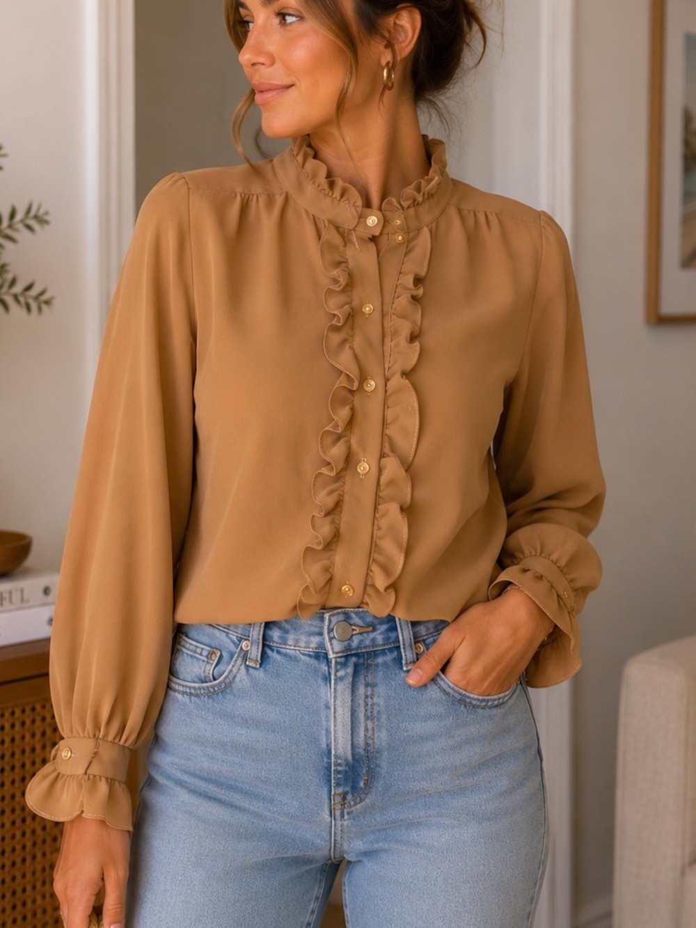 Ruffle-Trim High Neck Blouse in Camel